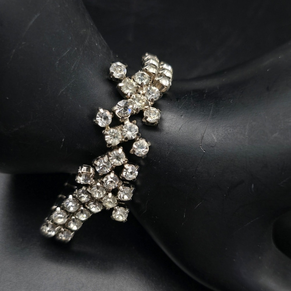 Clear Rhinestone Tennis Bracelet Vintage Costume Jewelry Silver Tone